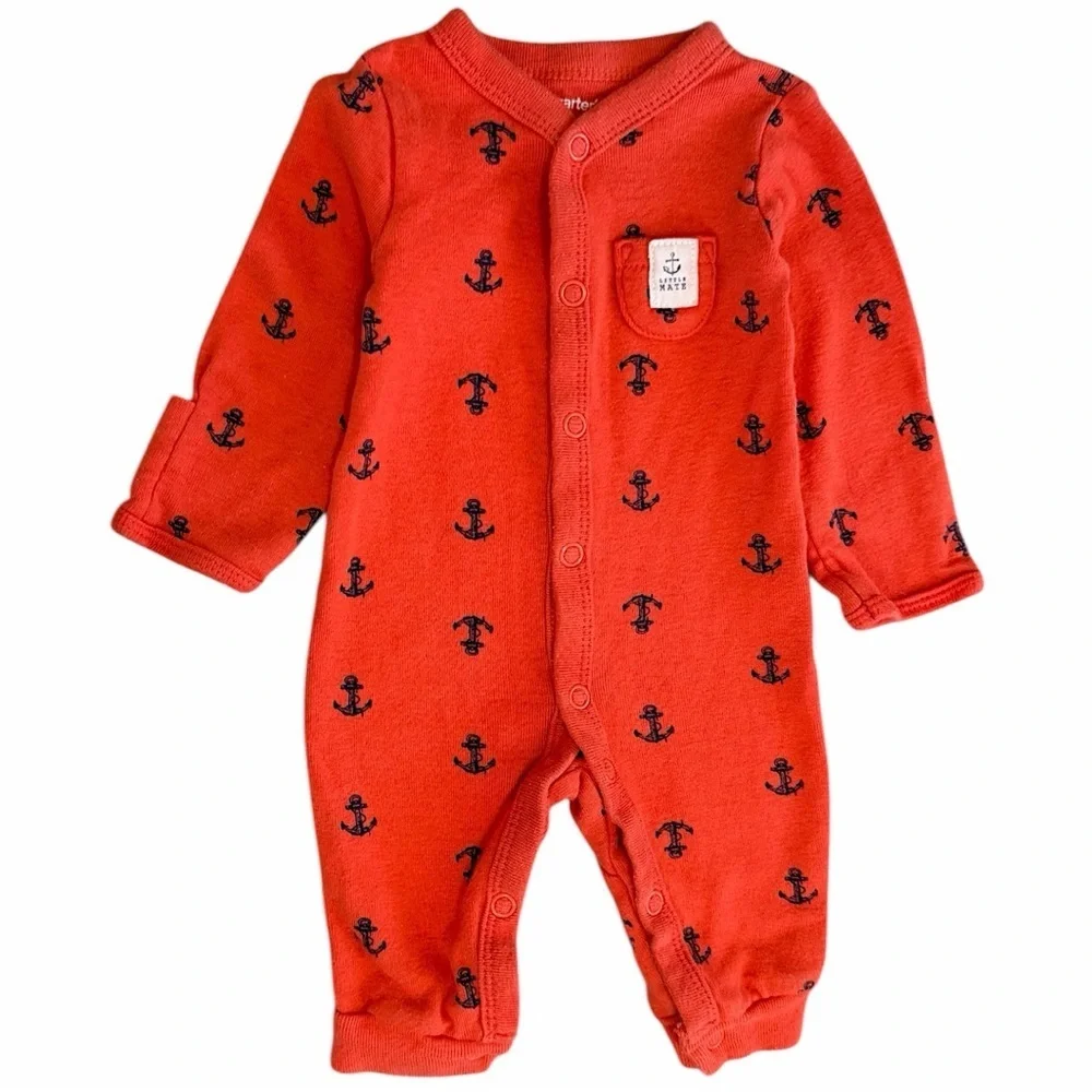 Y2K Carter’s Newborn Nautical Anchor Print Button Snap Romper One Piece Footless